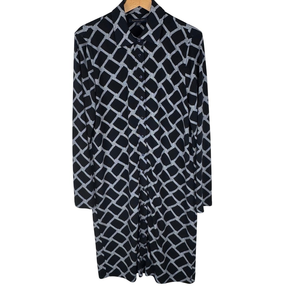 Brooks Brother‎ Lattice Button Front Shirt Dress Womens Large Navy Blue White